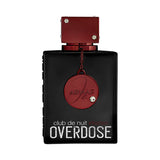 Armaf Club de Nuit Overdose perfume bottle, featuring a matte black rectangular body with a metallic red circular emblem and a matching red cap, set against a plain white background.
