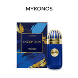 Mykonos Inception Eau De Parfum 100ml bottle and its packaging box, featuring a deep blue ribbed bottle with gold accents and a matching blue and gold box, set against a plain white background with the brand name 'MYKONOS' printed above.
