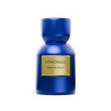 A blue perfume bottle with a gold label reading 'MYKONOS Extrait de Parfum' on a white background.